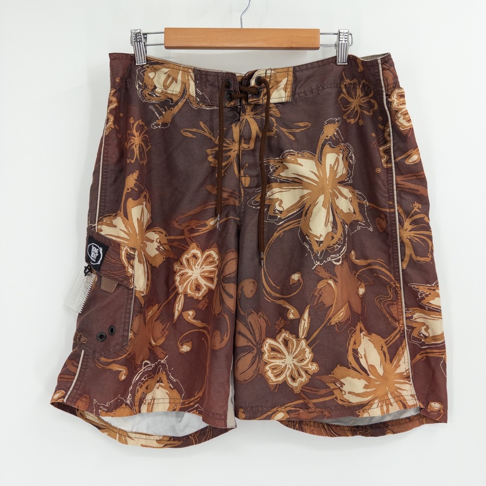 Strong Current Board Shorts Mens 36 Brown Hawaiian Floral Y2K Surf Baggy Retro
